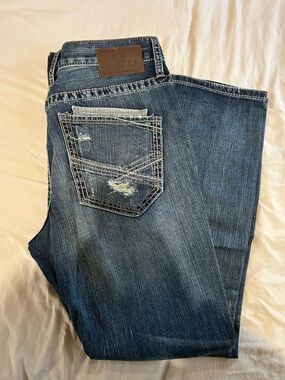 BKE Men’s Dark Blue Distressed Straight Jeans
